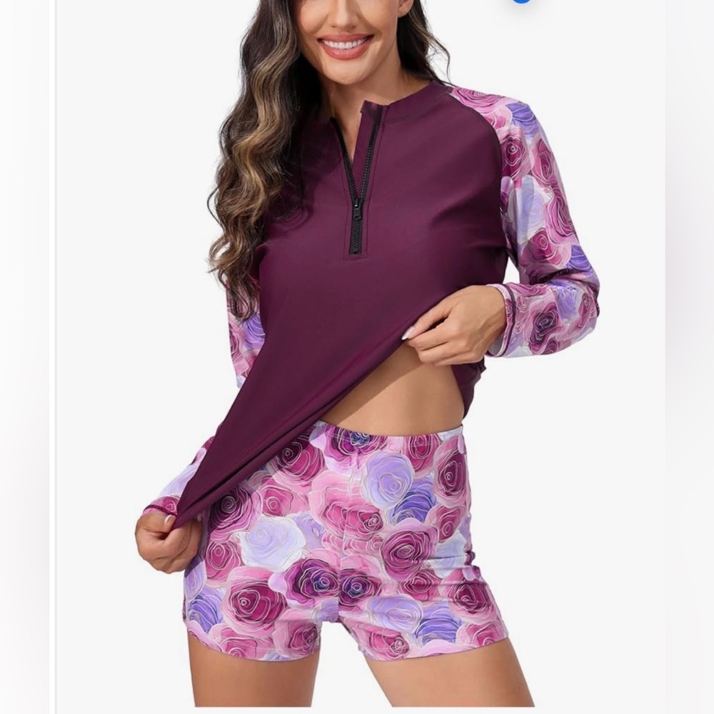NWT Womens top Plus Size Long Sleeve Rash Guard Sets Half
Zip Swim Shirts Top - Picture 4 of 6